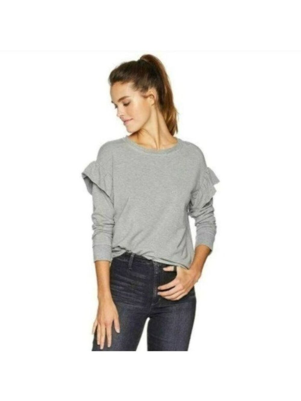 UGG Amara Women's XS Gray Crewneck Ruffled 3/4 Sleeve Sweatshirt